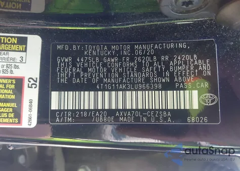 2020 Toyota Camry Se/Se Nightshade Edition from USA, damaged, VIN 4T1J11AK3LU966398